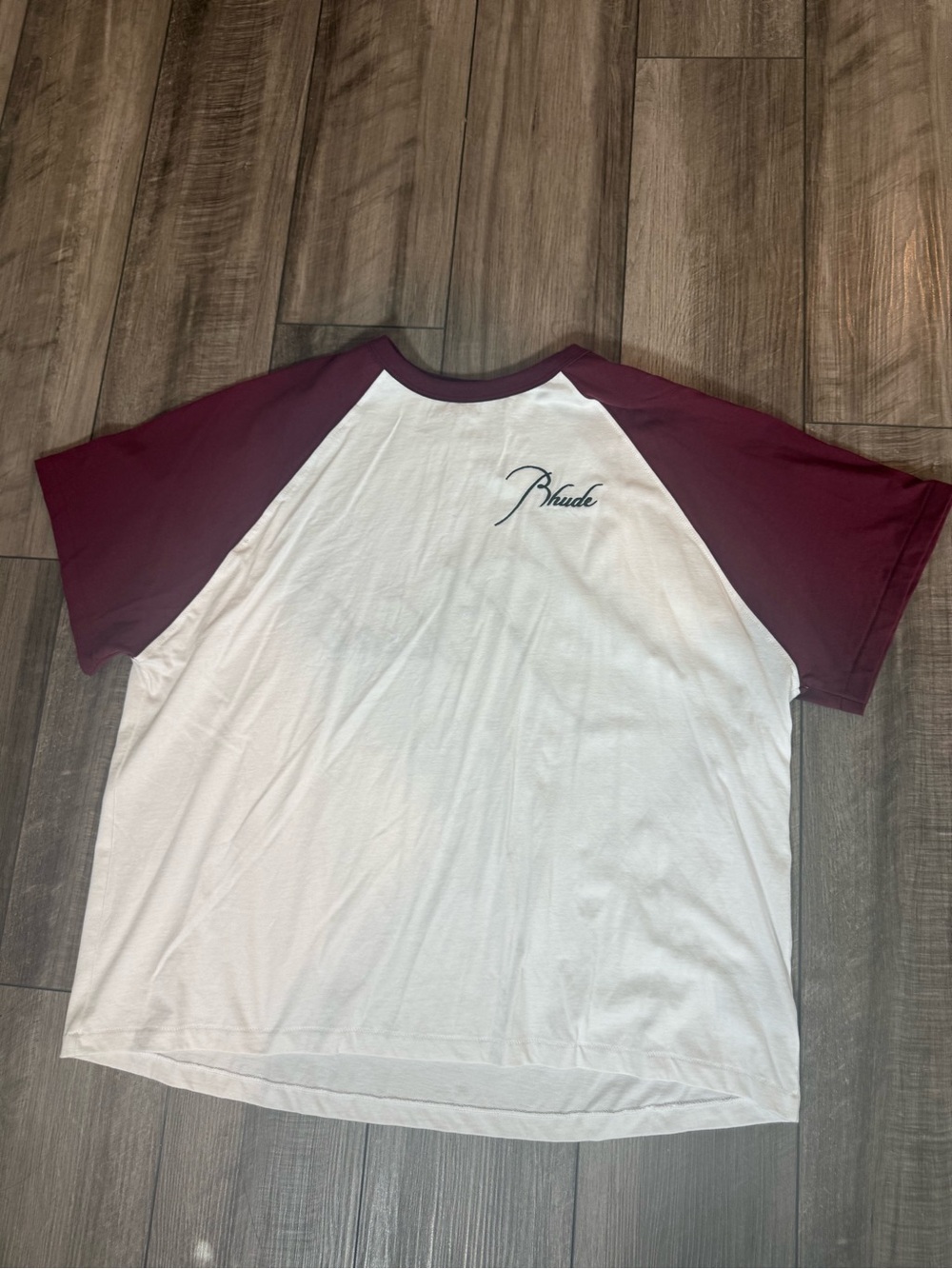 Rhude White Short Sleeve Raglan Tee with Burgundy Sleeves